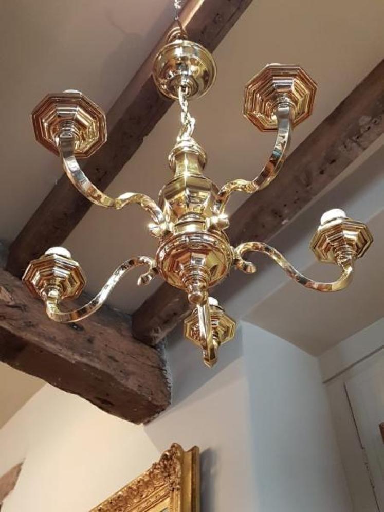 Small Edwardian Cast Brass Five Arm Chandelier - Image 2