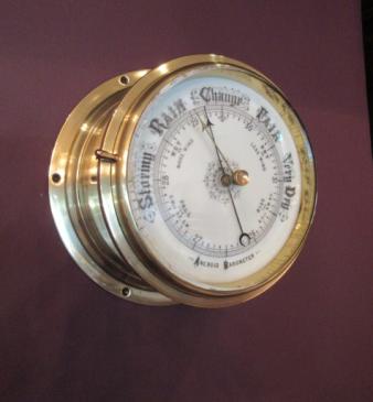 Large Antique Polished Brass Bulkhead Marine Barometer