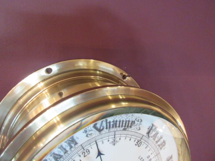 Large Antique Polished Brass Bulkhead Marine Barometer - Image 4