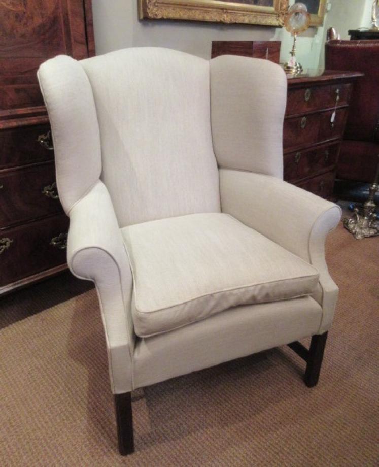 George III Period Antique Linen Upholstered Wing Armchair - Image 1