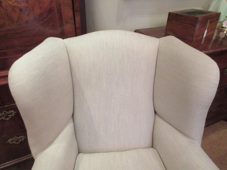George III Period Antique Linen Upholstered Wing Armchair - Image 4