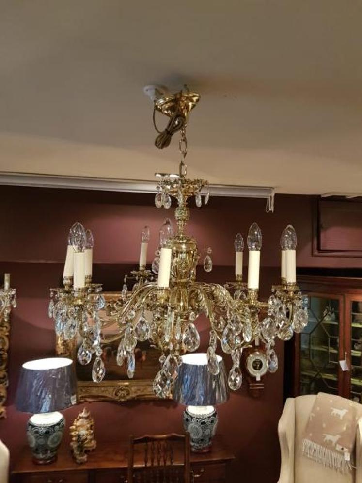 Superb Antique Brass and Crystal Ten Arm Chandelier - Image 5
