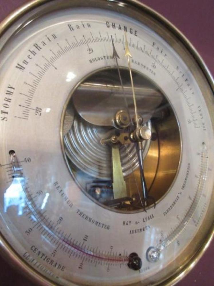 Antique Bronze Cased Twin Thermometer Marine Barometer - Image 3