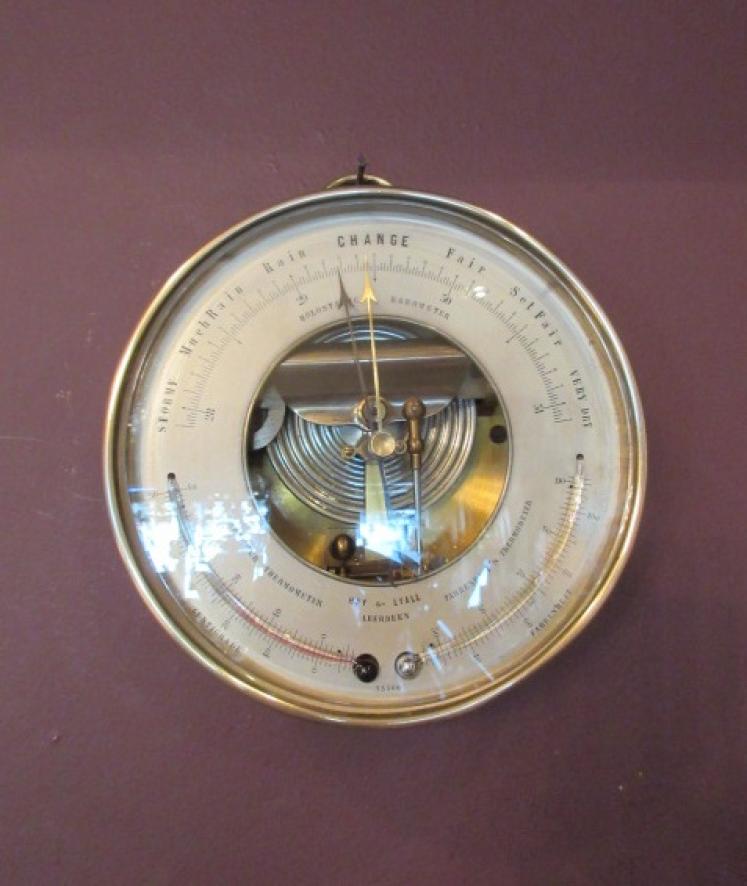 Antique Bronze Cased Twin Thermometer Marine Barometer - Image 5