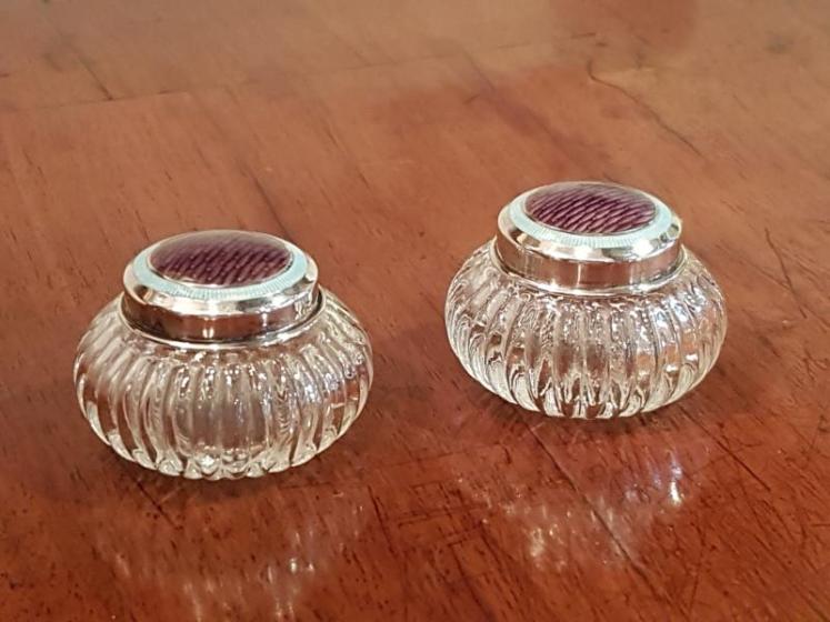 Pair of Mauve Enamel on Silver Cut Crystal Rouge Pots - Image 1
