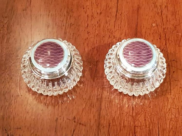 Pair of Mauve Enamel on Silver Cut Crystal Rouge Pots - Image 2