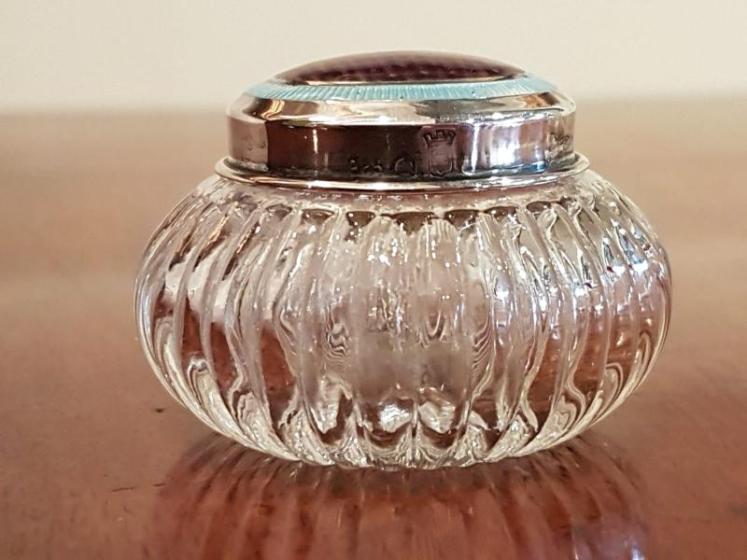 Pair of Mauve Enamel on Silver Cut Crystal Rouge Pots - Image 3