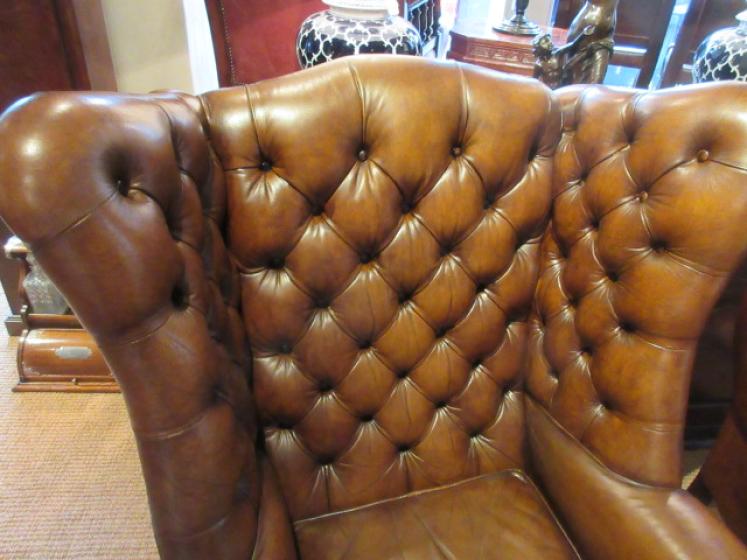Superb Pair of Antique Leather Buttoned Wing Armchairs - Image 3