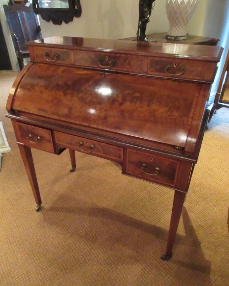 Antique Mahogany Sheraton Inlaid Cylinder Top Desk - Image 1