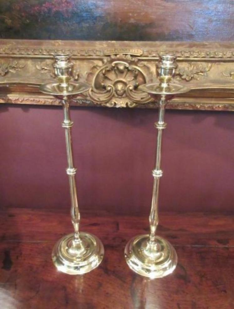 Tall Pair of Mid Victorian Cast Brass Candlesticks - Image 1