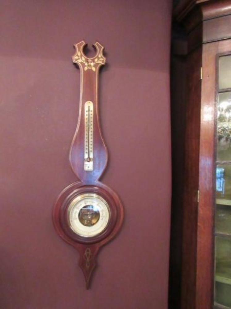 Edwardian Antique Brass Inlaid Banjo Barometer - Image 1