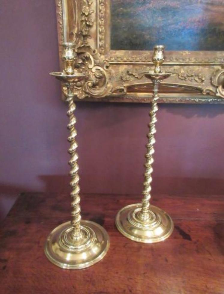 Tall Pair of Antique Cast Brass Twisted Candlesticks - Image 1