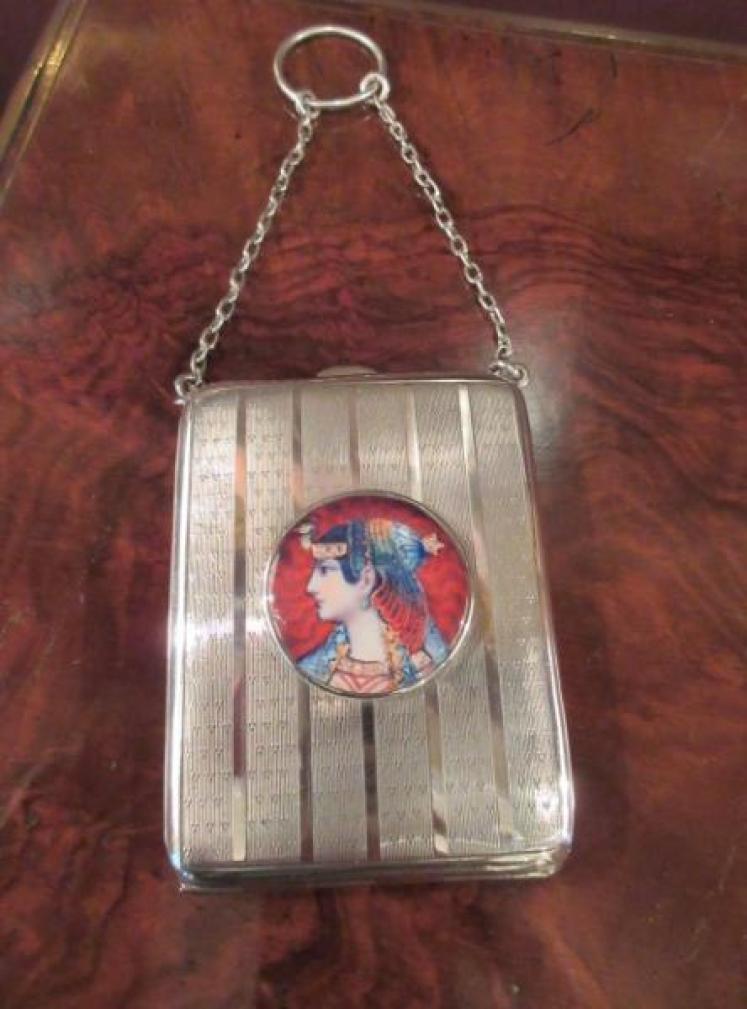 Antique Silver & Egyptian Lady Porcelain Plaque Card Case - Image 1