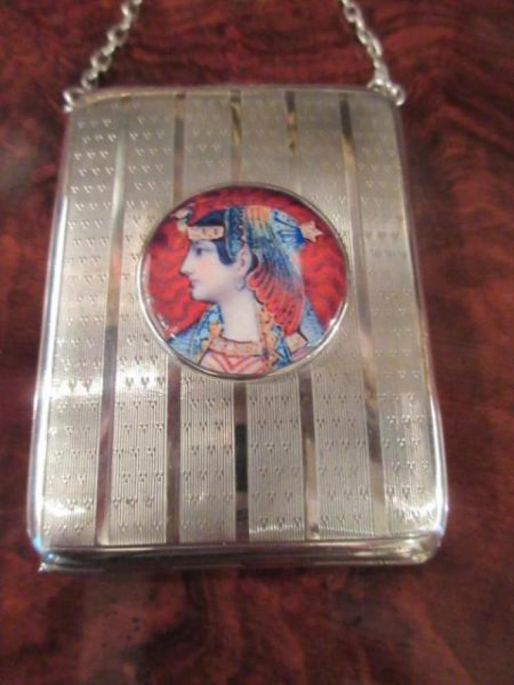 Antique Silver & Egyptian Lady Porcelain Plaque Card Case - Image 2