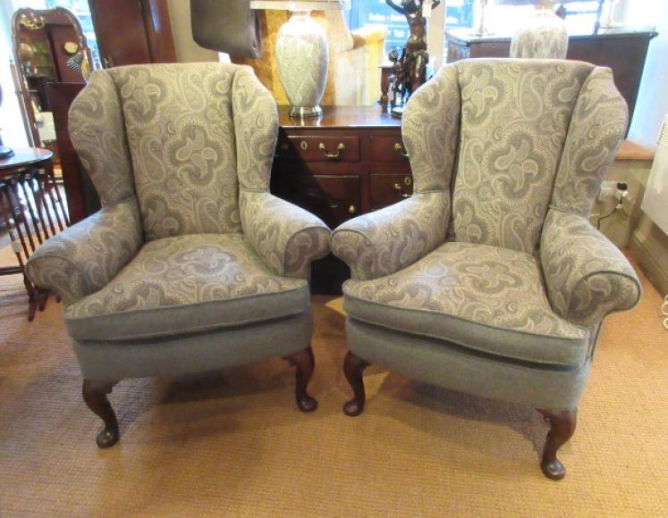 Superb Pair of Antique Upholstered Wing Back Armchairs - Image 1