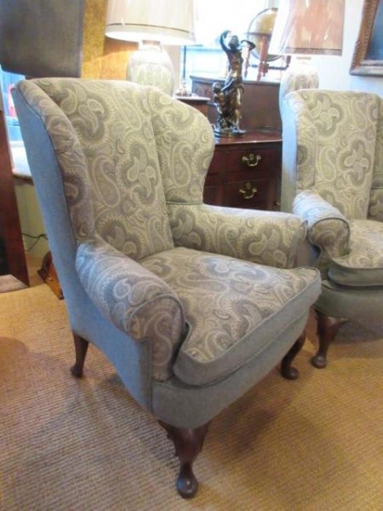 Superb Pair of Antique Upholstered Wing Back Armchairs - Image 2