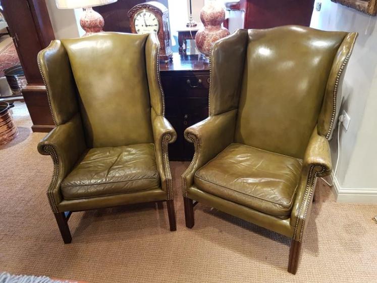 Pair Of Antique 1920's Olive Hide Wing Back Chairs - Image 1