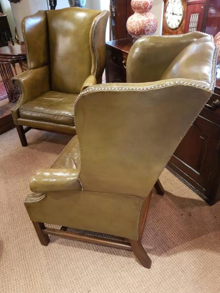 Pair Of Antique 1920's Olive Hide Wing Back Chairs - Image 2