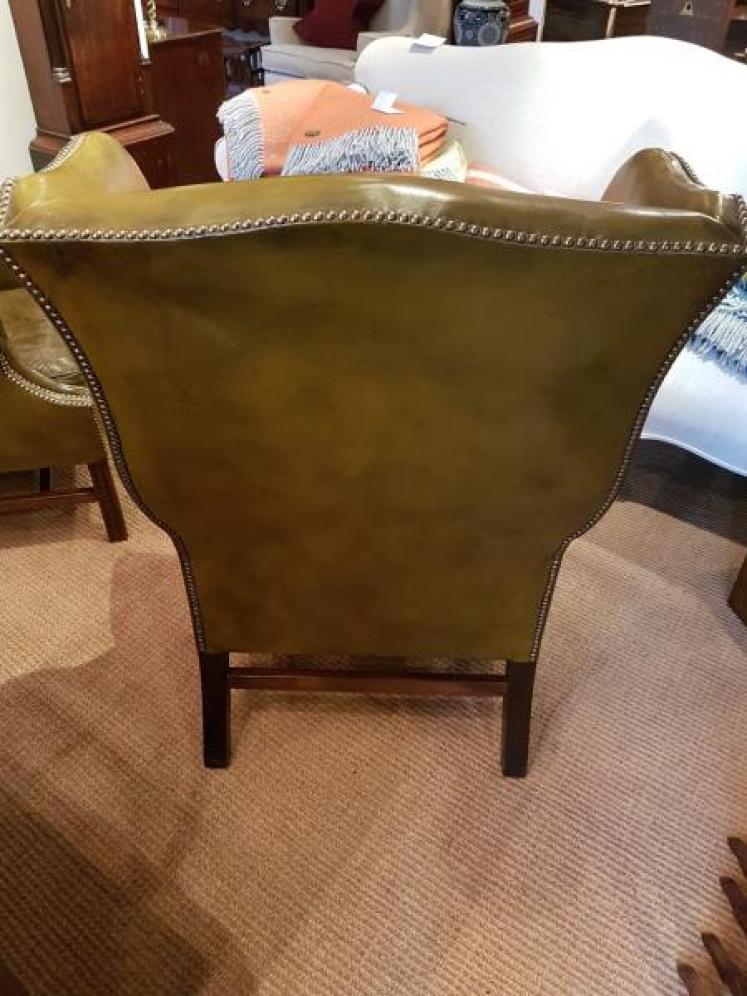 Pair Of Antique 1920's Olive Hide Wing Back Chairs - Image 4