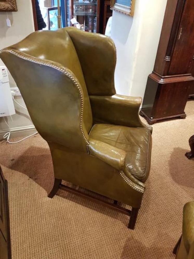 Pair Of Antique 1920's Olive Hide Wing Back Chairs - Image 5
