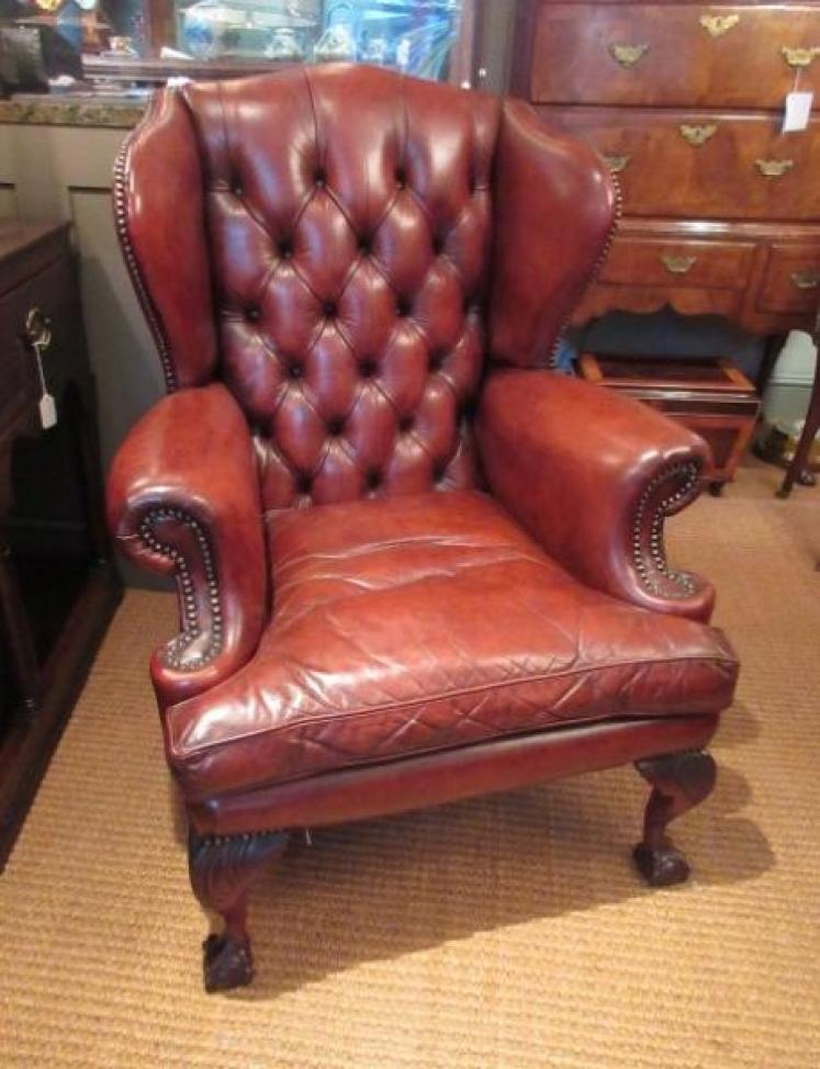 Antique Leather Button Back Wing Armchair - Image 1