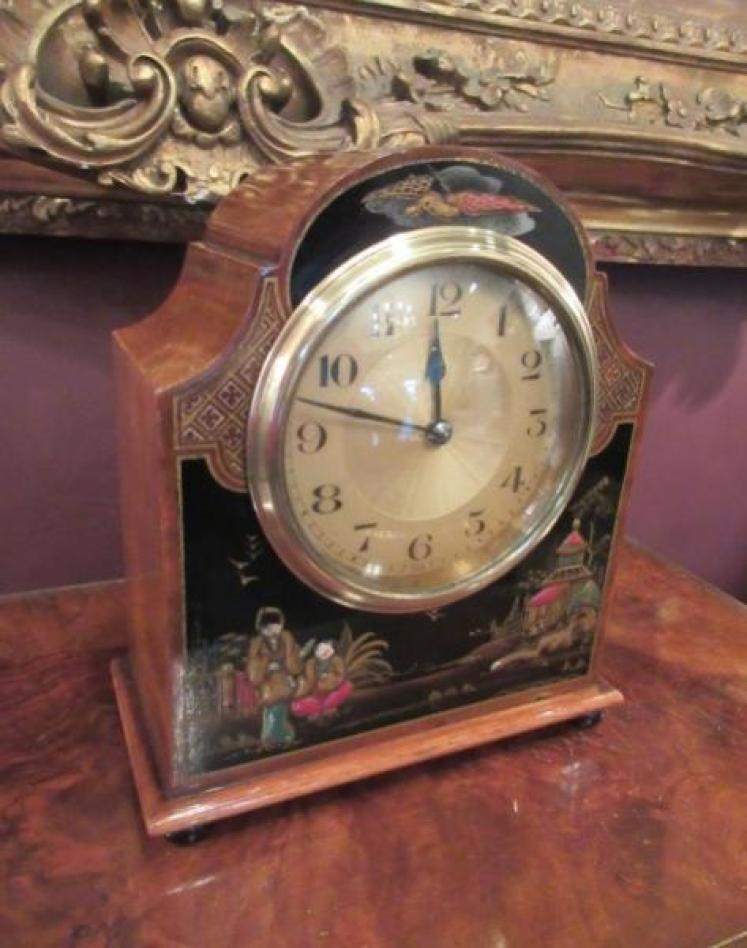 Edwardian Antique Walnut Cased Chinoiserie Mantel Clock - Image 1