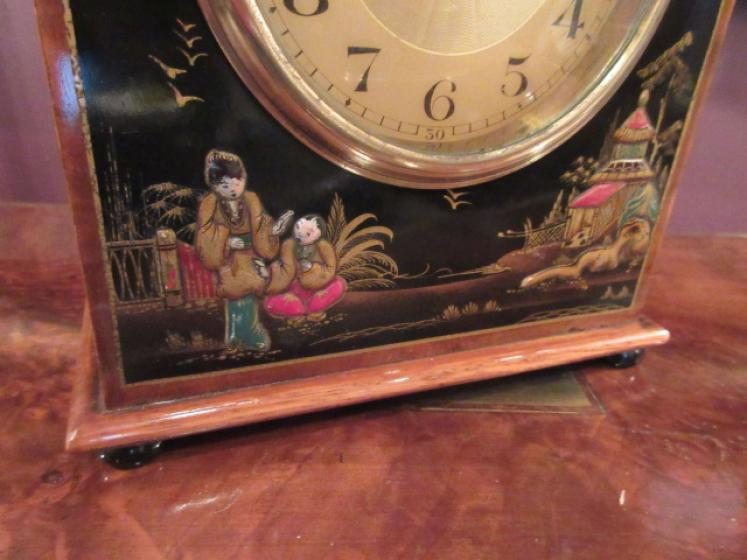 Edwardian Antique Walnut Cased Chinoiserie Mantel Clock - Image 3