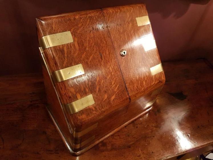 Superb Antique Brass Bound Oak Fitted Stationary Box - Image 1