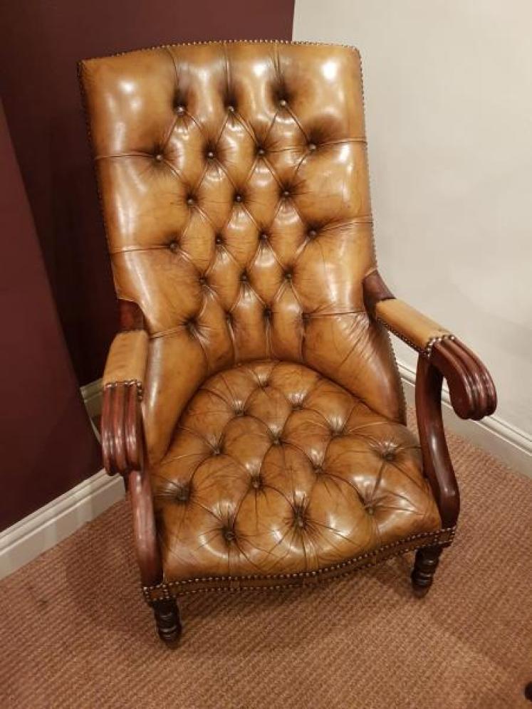 Antique Button Back Leather Open Am Chair - Image 1