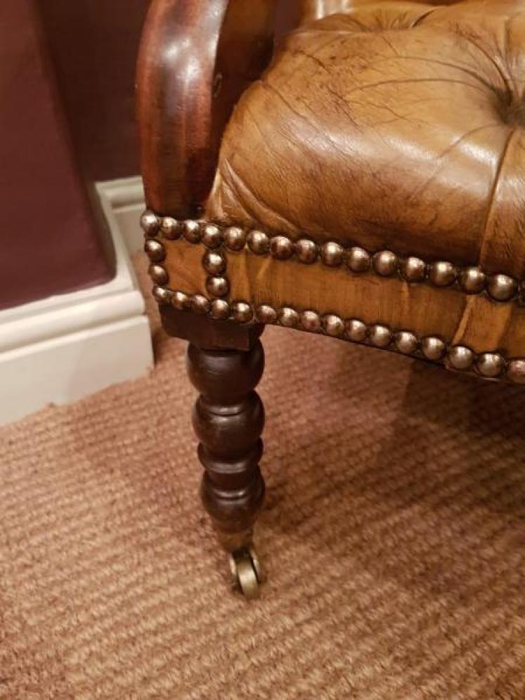 Antique Button Back Leather Open Am Chair - Image 4