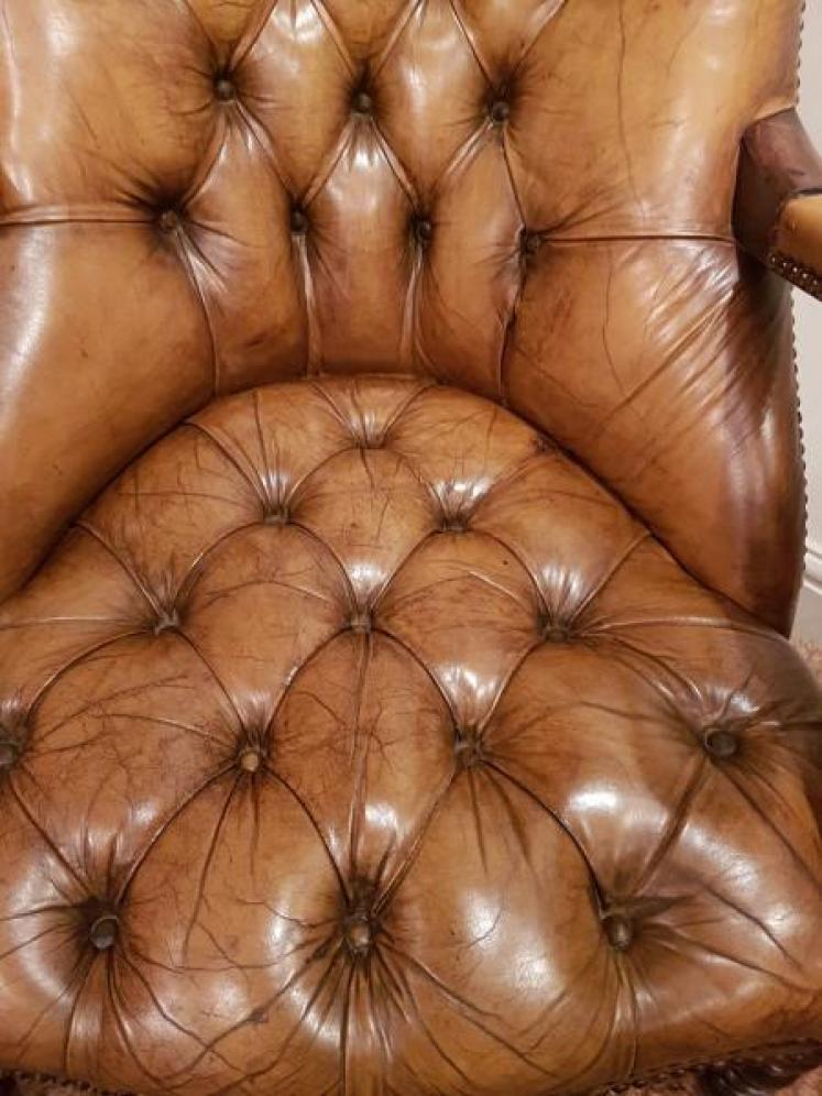 Antique Button Back Leather Open Am Chair - Image 5
