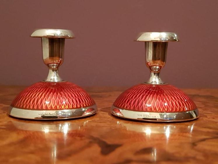 Pair of Small Silver and Enamel Candlesticks - Image 1