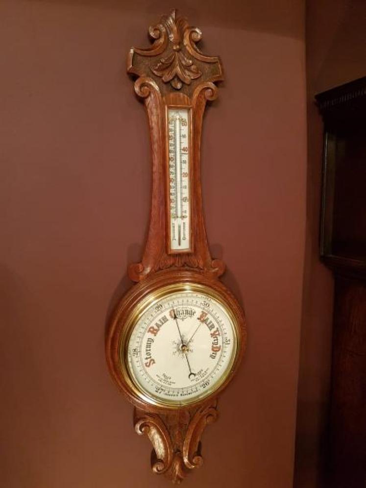 Quality Antique Carved Oak Banjo Barometer - Image 5