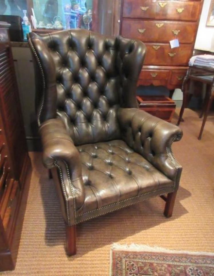Antique Leather Buttoned Wing Back Armchair - Image 1
