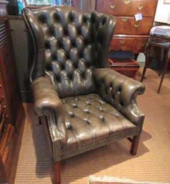 Antique Leather Buttoned Wing Back Armchair