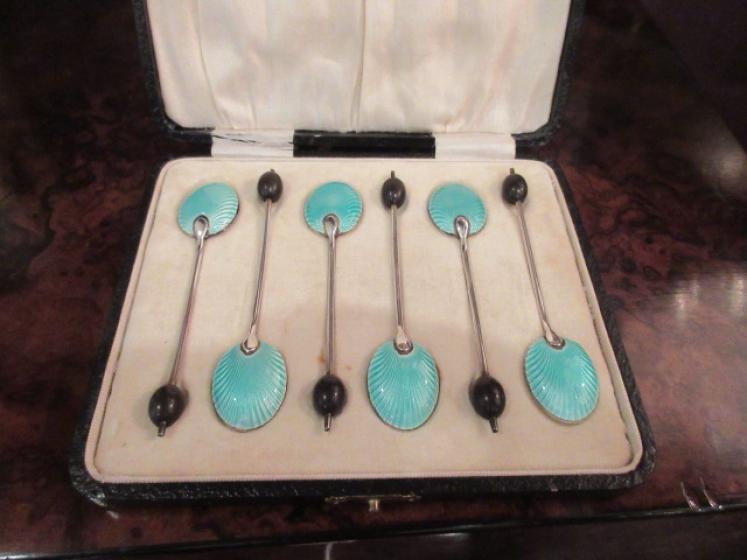 George V Period Silver Enamel Coffee Spoon Boxed Set - Image 2