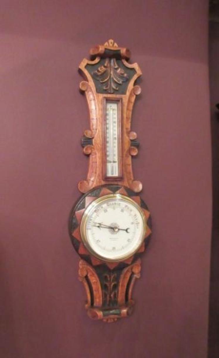Small Victorian Polished Oak & Ebony Banjo Barometer - Image 1
