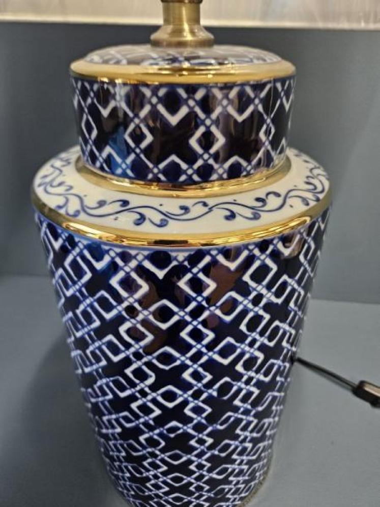 Blue and White Gilt Edge Lamp and Shade  - Image 3