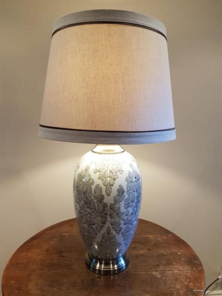 Grey Patterned Porcelain Table Lamp and Shade - Image 1