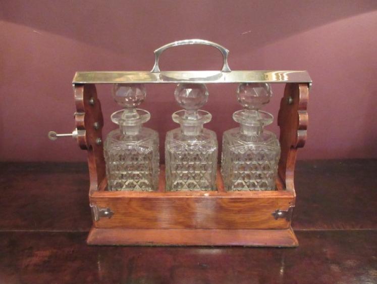 Antique Victorian Polished Oak & Silvered Tantalus - Image 1