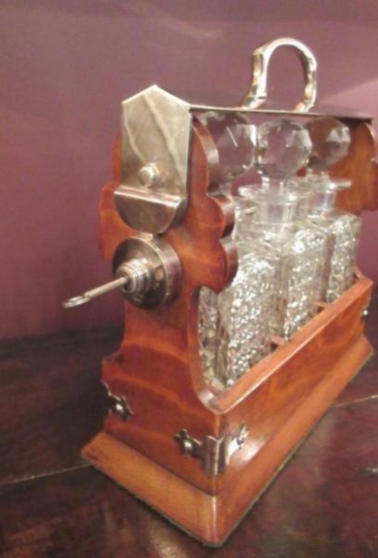 Antique Victorian Polished Oak & Silvered Tantalus - Image 2