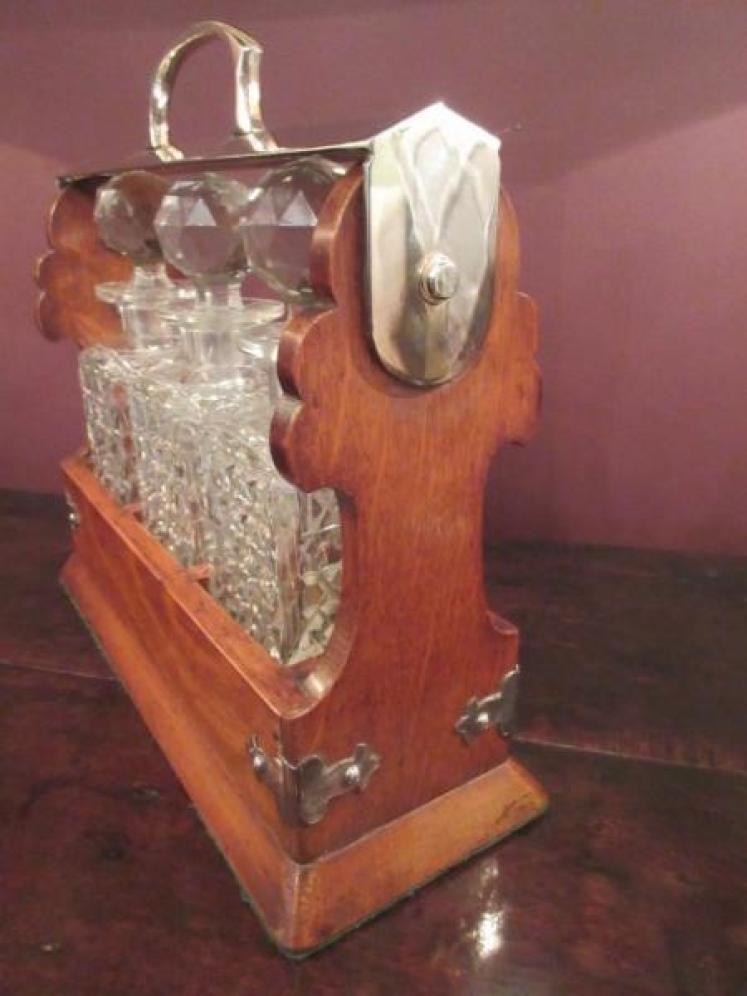 Antique Victorian Polished Oak & Silvered Tantalus - Image 4