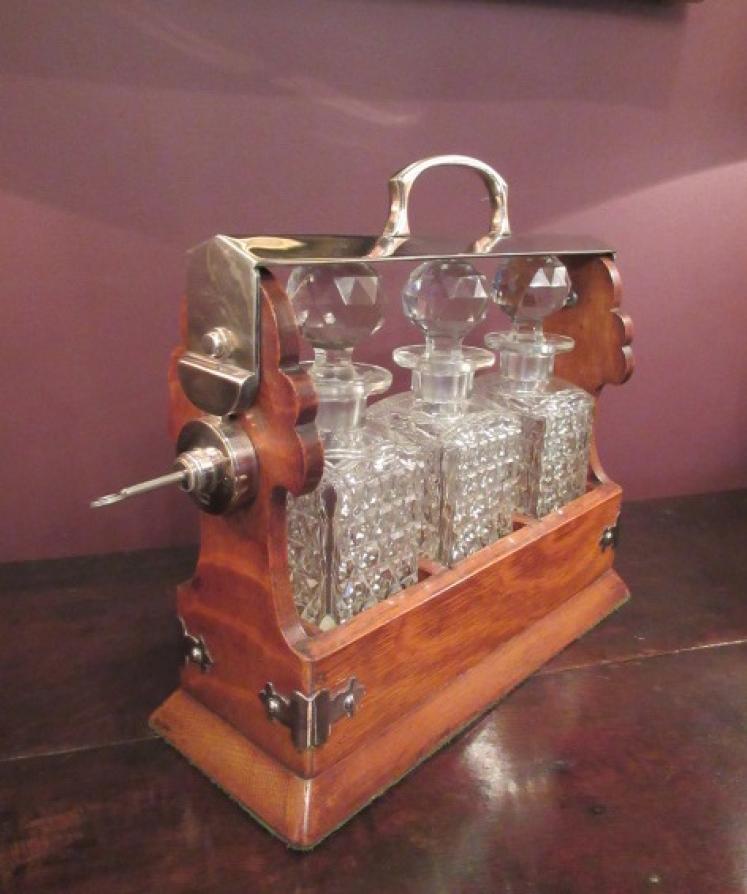 Antique Victorian Polished Oak & Silvered Tantalus - Image 5