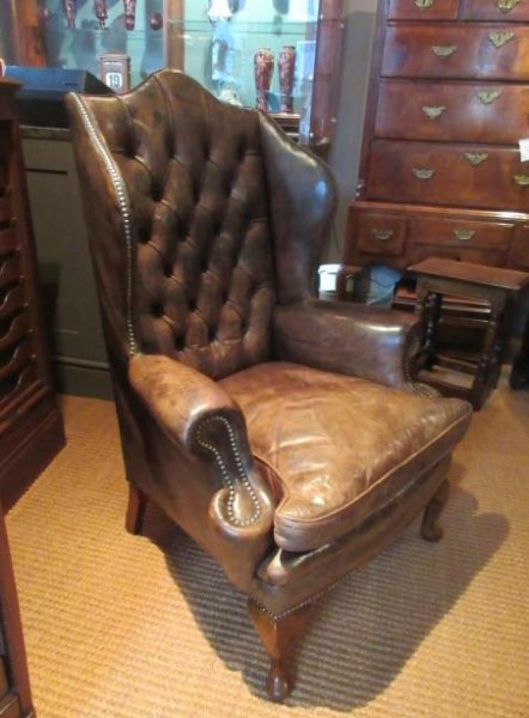 Antique Wing Back Armchair with Original Hide Upholstery  - Image 1