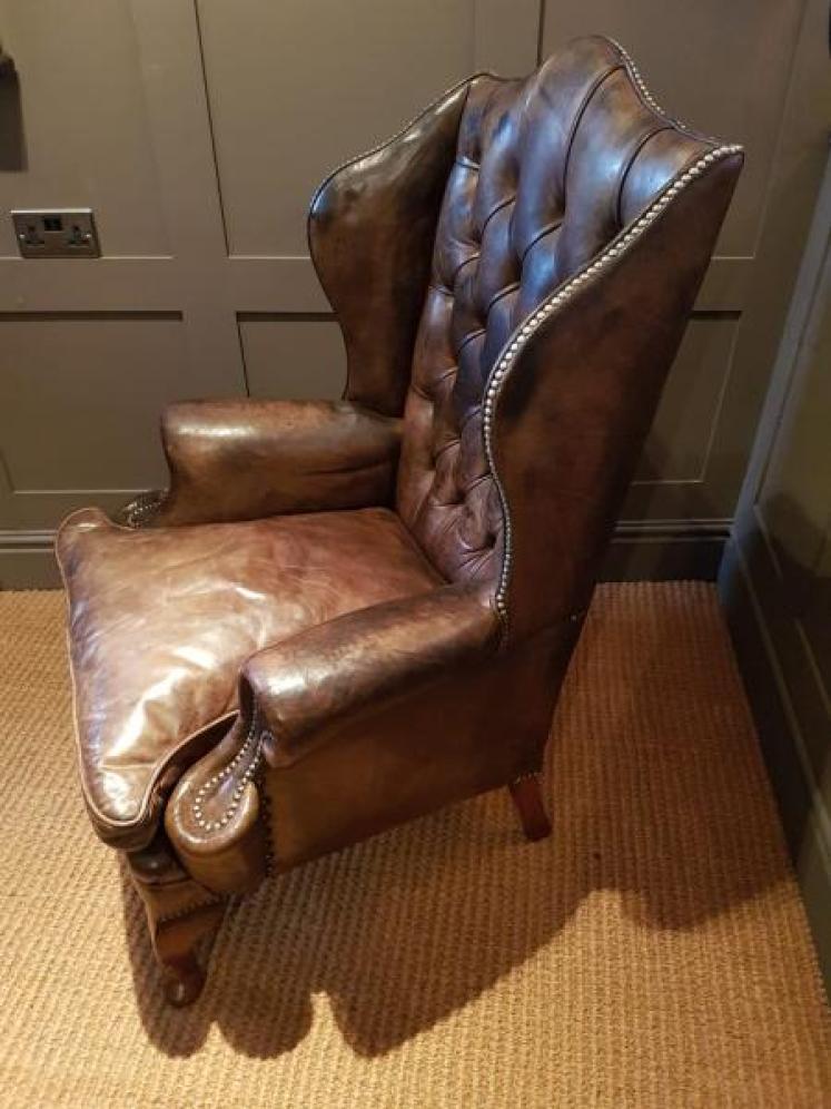 Antique Wing Back Armchair with Original Hide Upholstery  - Image 3