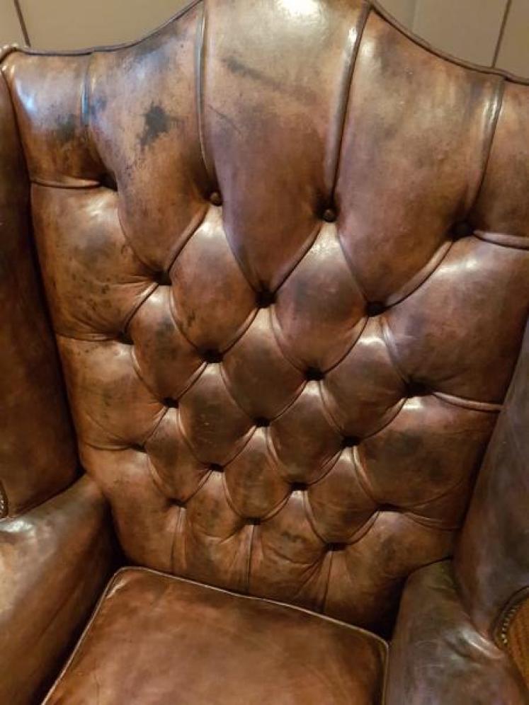 Antique Wing Back Armchair with Original Hide Upholstery  - Image 4