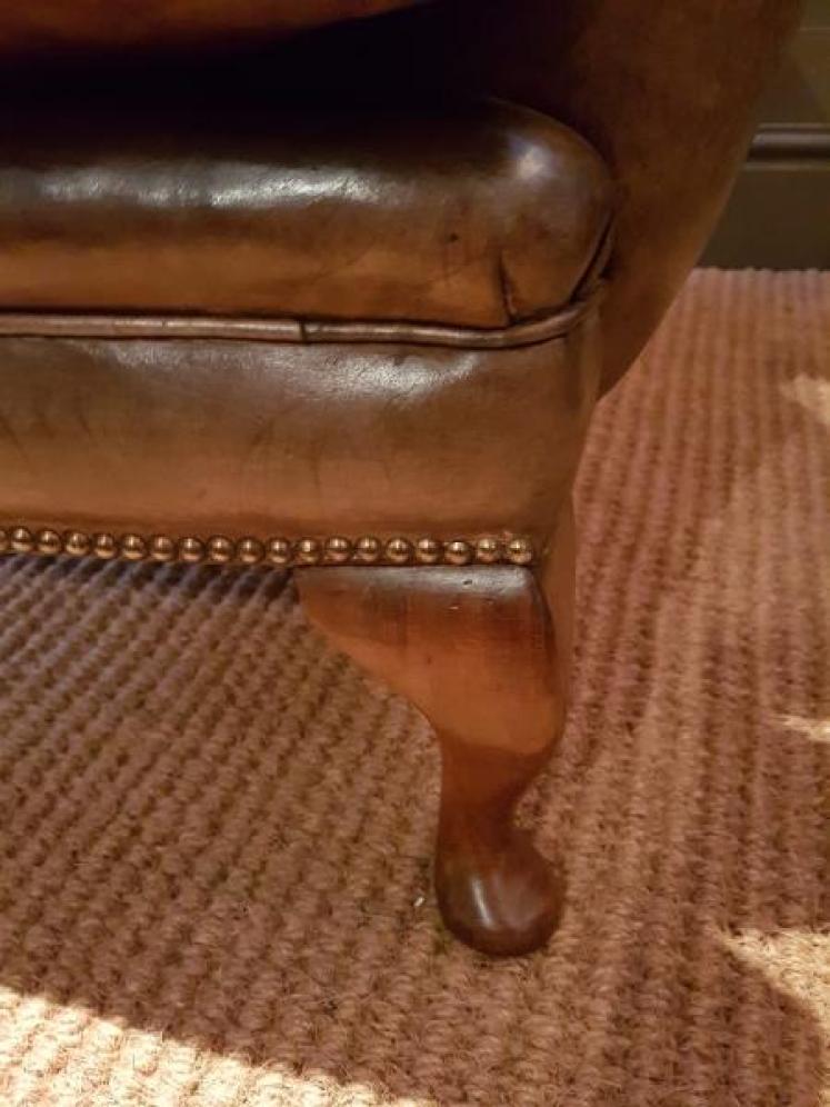 Antique Wing Back Armchair with Original Hide Upholstery  - Image 5