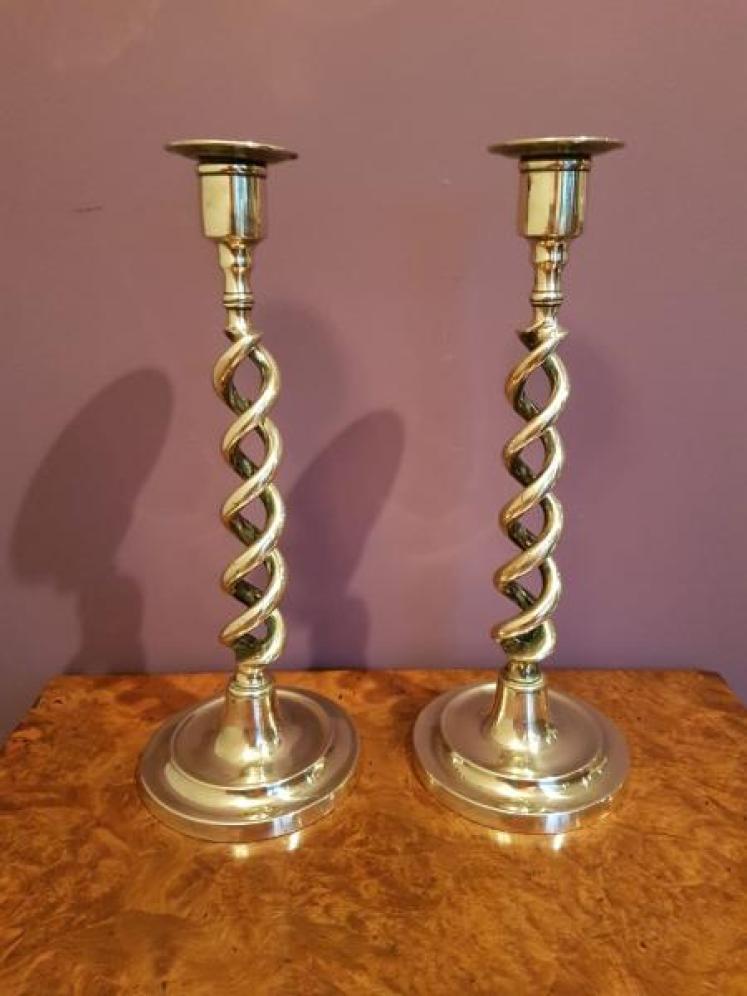 Pair of Victorian Brass Barley Twist Candlesticks - Image 1