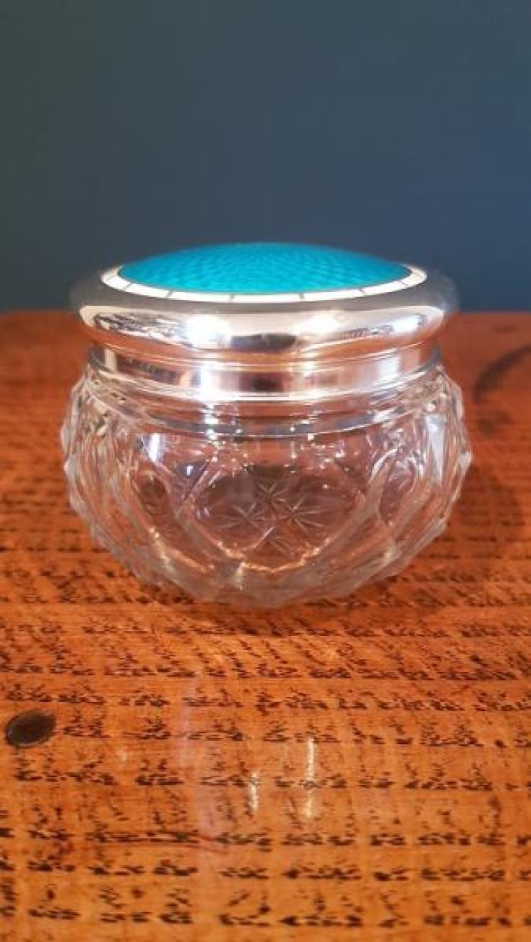 Edwardian Silver & Turquoise Enamel Top Dressing Table Jar - Image 1