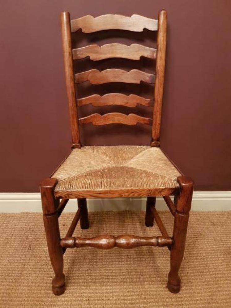 Set of Six Ash and Elm Rush Seat Ladder Back Chairs - Image 5